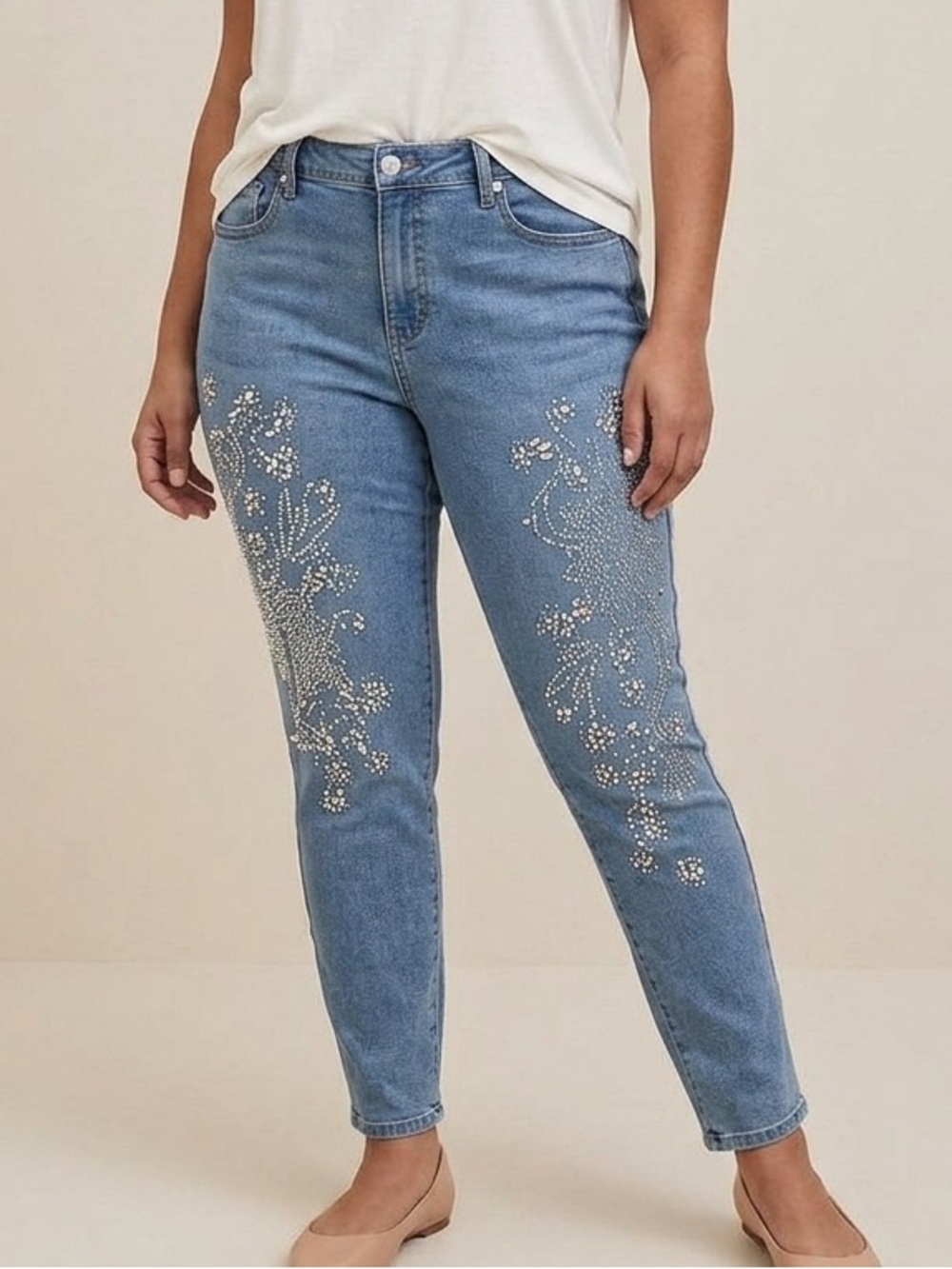 DG2 by Diane Gilman Light Blue Skinny Jeans with Crystal Floral Accents